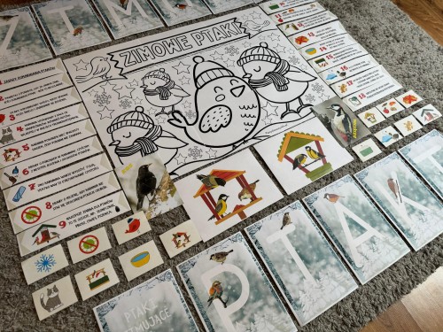 ZESTAW 216 POMOCE GOTOWE DO WYSYŁKI. POCZTA POLSKA. ZASADY DOKARMIANIA PTAKÓW ZIMĄ - WIEDZA W PIGUŁCE + NAPISY+ PLAKATY I KOLOROWANKI XXL