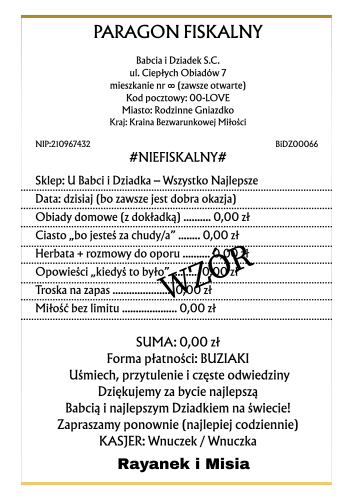 PARAGON FISKALNY DLA BABCI, DZIADKA I DZIADKÓW  W ZŁOTEJ LUB CZARNEJ RAMCE 6 STRON 