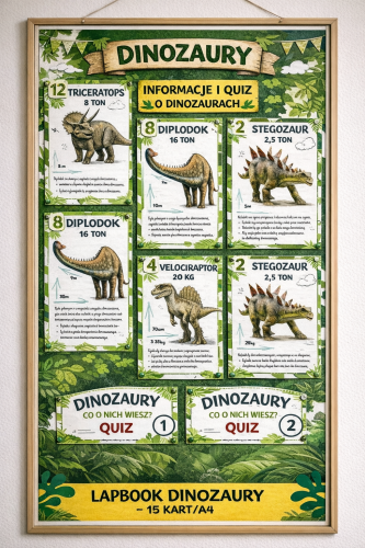INFORMACJE O DINOZAURACH, KARTY WIELOZADANIOWE, KARTY KONTROLNE QUIZ  - 16 STRON