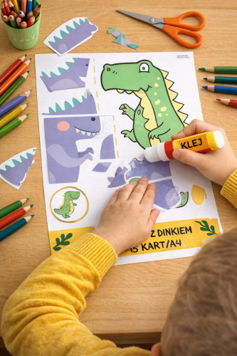 PRACA PLASTYCZNA DINOZAURY, WYTNIJ DOKŁADNIE, POMYŚL, UŁÓŻ , PRZYKLEJ 10 STRON