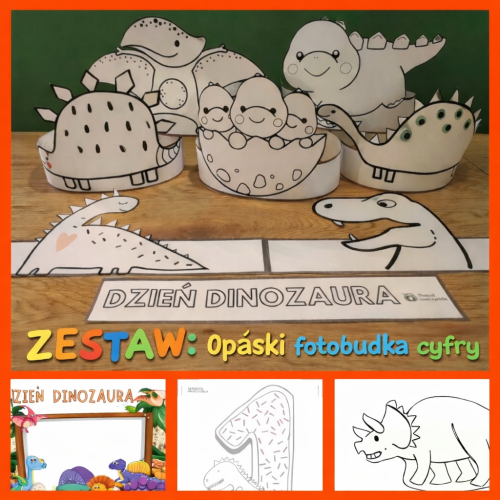  ZESTAW OPASKI DZIEŃ DINOZAURA CZARNO - BIAŁE + GRATIS FOTOBUDKA I GRAFOMOTORYKA