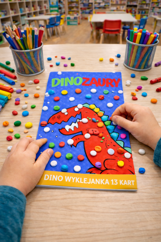 DINO WYKLEJANKA PLASTYCZNA MALOWANIE FARBĄ I PALUSZKAMI, WYKLEJANIE PLASTELINA CEKINAMI, KONFETTI,ITP