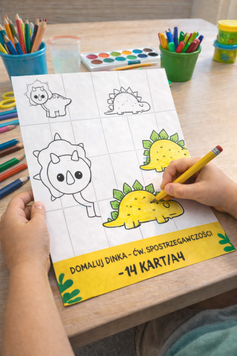 DOMALUJ DINKA, PORTRET Z DINOZAUREM ĆWICZENIE SPRAWNOŚCI MANUALNYCH