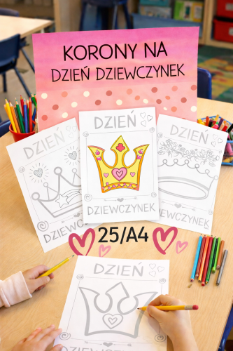 KORONY DLA DZIEWCZYNEK -  PISANIE PO ŚLADZIE  I KOLOROWANIE 25 STRON 
