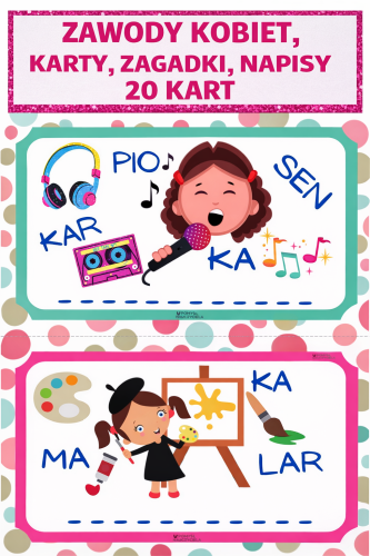 ZAWODY KOBIET, KARTY, ZAGADKI, NAPISY 20 KART