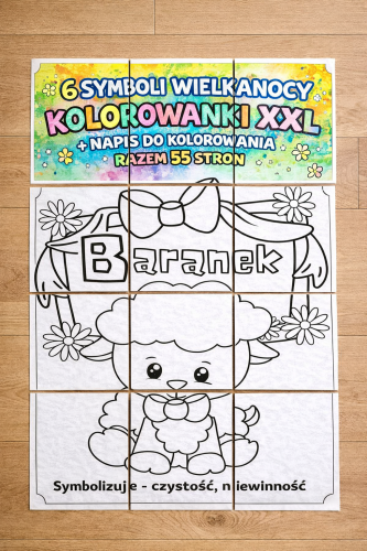 6  SYMBOLI WIELKANOCY KOLOROWANKI XXL + NAPIS  DO KOLOROWANIA 55 STRON  