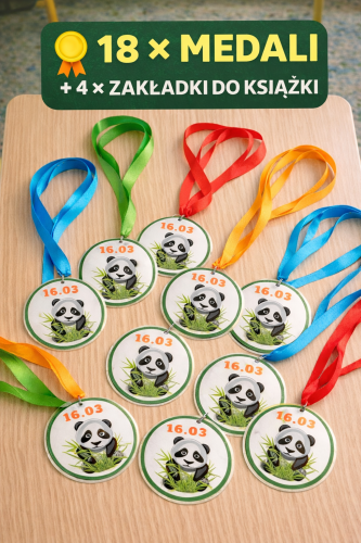 MEDALE 18 SZTUK I ZAKŁADKI 4 WZORY DZIEŃ PANDY 