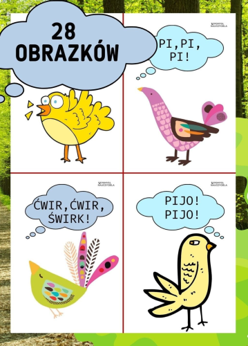 PTASIE TRELE - KARTY DO ĆWICZEŃ DŹWIĘKONAŚLADOWCZYCH W KOLORZE - 28 OBRAZKÓW