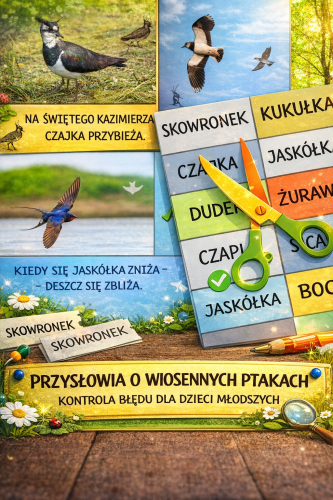 PRZYSŁOWIA O WIOSENNYCH PTAKACH - 10 KART TRÓJDZIELNYCH, CZYLI 30 ELEMENTÓW 10 NAPISÓW 