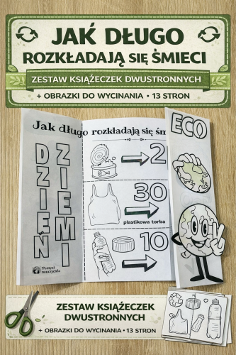 DZIEŃ ZIEMI JAK DŁUGO ROZKŁADAJĄ SIĘ ŚMIECI ZESTAW KSIĄŻECZEK DWUSTRONNYCH + OBRAZKI DO WYCINANIA  13 STRON 