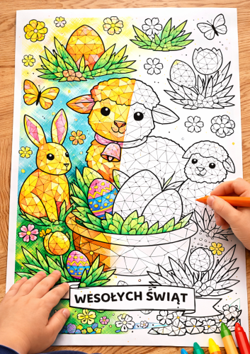 WIELKANOC GEMOTRYCZNA KOLOROWANKA Z BARANKIEM XXL 16 STRON