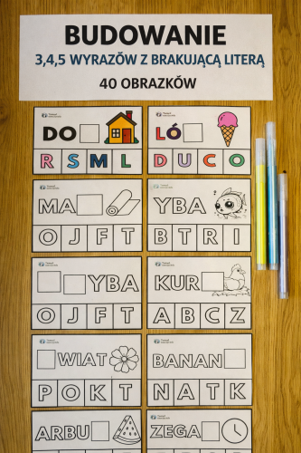 BUDOWANIE  3,4,5 WYRAZÓW Z BRAKUJĄCA LITERĄ - 40 OBRAZKÓW