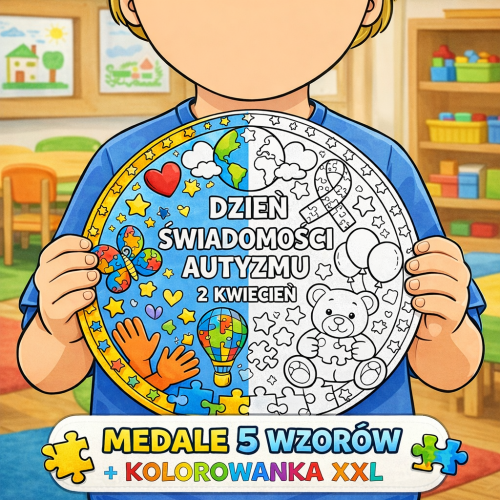 MEDALE DZIEŃ ŚWIADOMOŚCI AUTYZMU 5 SZTUK I KOLOROWANKA XXL 16 STRON