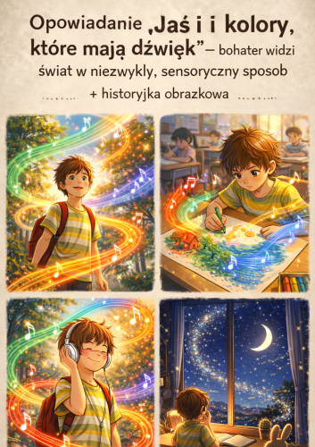 Opowiadanie - "Jaś i kolory, które mają dźwięk” – bohater widzi świat w niezwykły, sensoryczny sposób.