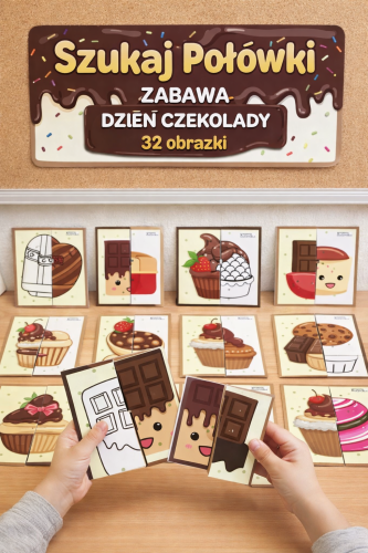 SZUKAJ POŁÓWKI ZABAWA DZIEŃ CZEKOLADY 32 OBRAZKI - 64 ELEMENTY