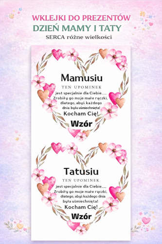 WKLEJKI DO PREZENTÓW DZIEŃ MAMI I TATY SERCA różne wielkości 