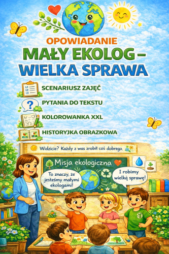 DZIEŃ ZIEMI OPOWIADANIE - MAŁY EKOLOG WIELKA SPRAWA + SCENARIUSZ , TEMATYCZNA KOLOROWANKA XXL, HISTORYJKA OBRAZKOWA - 23 STRONY