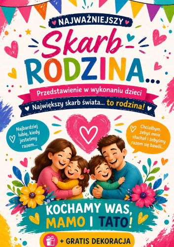 DZIEŃ MAMY I TATY | SCENARIUSZ UROCZYSTOŚCI NAJWAŻNIEJSZY SKARB TO RODZINA + GRATIS DEKORACJA  + NAPIS - 47 STRON 