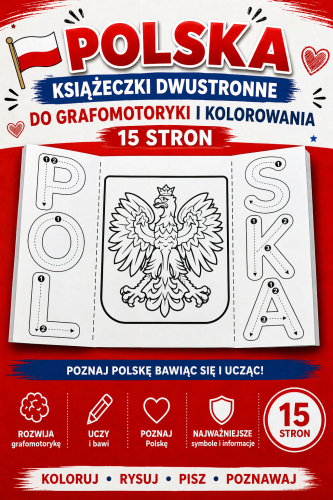 POLSKA KSIĄŻECZKI DWUSTRONNE DO GRAFOMOTORYKI I KOLROWANIA - 15 STRON 