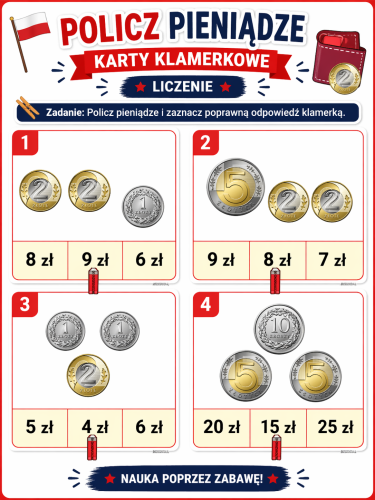 POLICZ PIENIĄDZE - KARTY KLAMERKOWE 20 OBRAZKÓW
