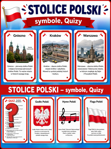 STOLICE POLSKI KARTY INFORMACYNO - OBRAZKOWE + QUIZ + ZABYTKI WARSZAWY + SYMBOLE NARODOWE - 12 STRON