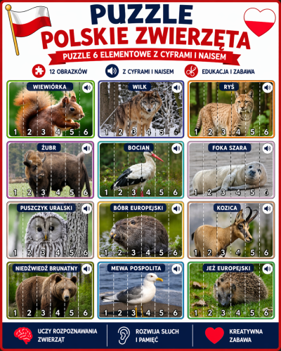 POLSKIE ZWIERZĘTA PUZZLE 6 ELEMENTOWE Z CYFRAMI I NAISEM - 12 OBRAZKÓW