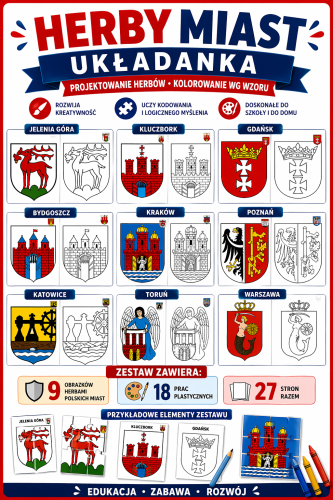 HERBY MIAST UKŁADANKA ZESTAW ZAWIERA: 9 OBRAZKÓW HERBAMI POLSKICH MIAST 18 PRAC PLASTYCZNYCH RAZEM 27 STRON