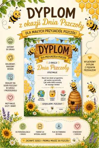 ZESTAW WYDRUKOWANY GOTOWY DO WYSYŁKI DYPLOM DZIEŃ PSZCZOŁY   