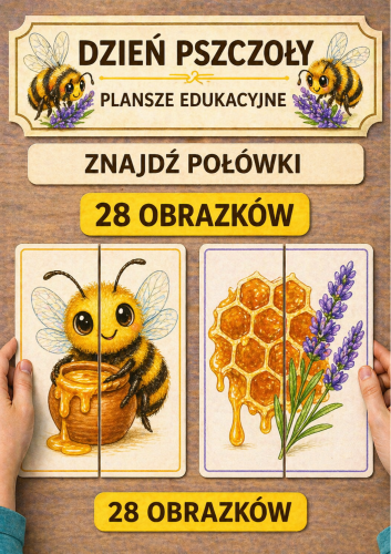 ZESTAW WYDRUKOWANY GOTOWY DO WYSYŁKI DZIEŃ PSZCZOŁY ZNAJDŹ POŁÓWKI 28 WZORÓW