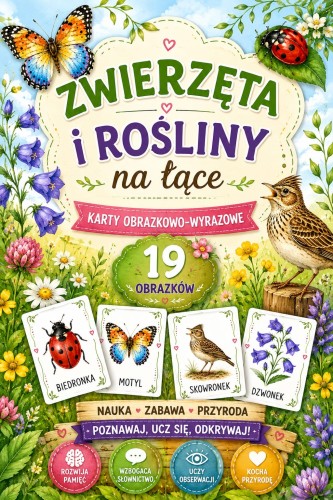 ZWIERZĘTA I ROŚLINY NA ŁĄCE KARTY OBRAZKOWO-WYRAZOWE 19 SZTUK
