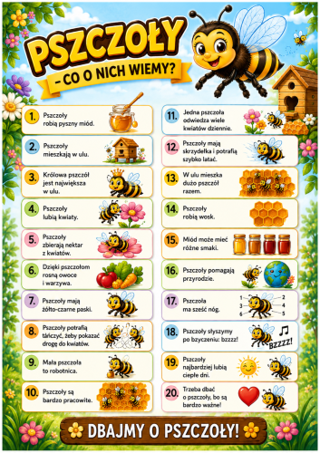 PSZCZOŁY - WIEDZA W PIGUŁCE  - PASKI INFORMACYJNE,  PLAKAT XXL, PISANIE PO ŚLADZIE, MEDALE, LABIRYNTY, KARTY PRACY 26 STRON 
