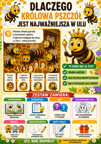 DLACZEGO KRÓLOWA PSZCZÓŁ JEST NAJWAŻNIEJSZA W ULU - ZESTAW POMOCY 41 STRON 