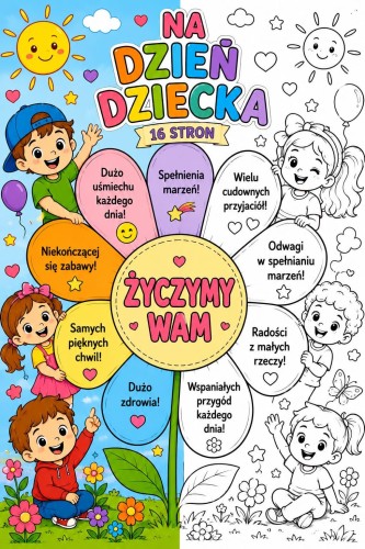 KOLOROWANKA XXL  KWIATEK Z ŻYCZENIAMI  NA DZIEŃ DZIECKA 16 STRON  