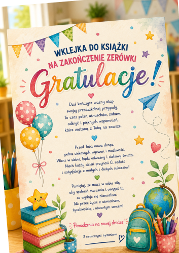 WKLEJKA DO KSIĄŻKI NA ZAKOŃCZENIE ZERÓWKI/ LIST GRATULACYJNY  A4,A5