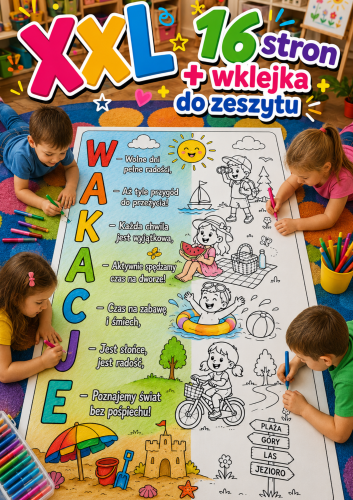 WAKACJE KOLOROWANKA XXL 16 STRON + WKLEJKA  A4 DO ZESZYTU