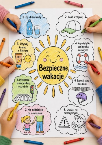 BEZPIECZNE WAKACJE KOLOROWANKA XXL 16 STRON + WKLEJKA A4  DO ZESZYTU 