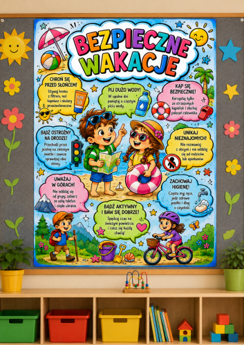 BEZPIECZNE WAKACJE  DEKORACJA XXL 12 STRON + WKLEJKA A4 