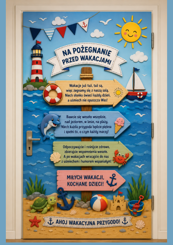 DEKORACJA NA DRZWI NA POŻEGNANIE PRZEDSZKOLA PRZED WAKACJAMI  12 STRON +A4+ A3