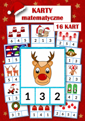 KARTY KLAMERKOWE MATEMATYCZNE - 16 KART ŚWIĘTA, MIKOŁAJ 