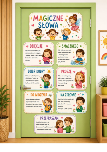 MAGICZNE SŁOWA DEKORACJA NA DRZWI A4, A3,4 STRONY  RAZEM 11 STRON + GRATIS CZAS ZAKOŃCZYĆ WAKACJE KOLOROWANKI XXL 9, 16 STRON