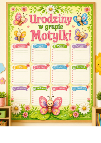 URODZINY W GRUPIE MOTYLKI DEKORACJA XXL   NA GAZETKĘ  A4,A3, 6,12 STRON
