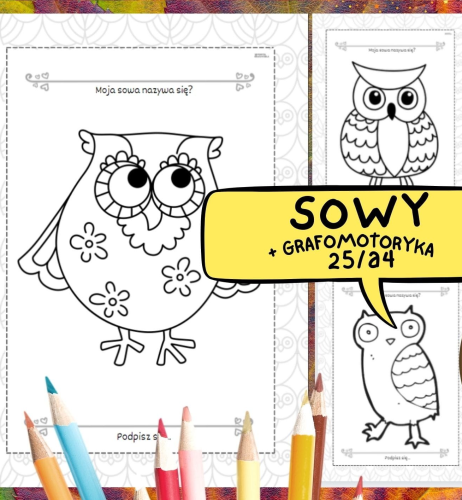 PRACA PLASTYCZNA OBRAZEK Z SOWĄ DO WYCINANIA - 26 WZORÓW A5
