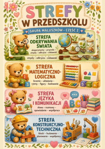 STREFY W PRZEDSZKOLU ZGODNE  Z NOWĄ PODSTAWĄ PROGRAMOWĄ  GRUPY MŁODSZE 8 WZORÓW DUZYCH I 8 WZORÓW MAŁYCH
