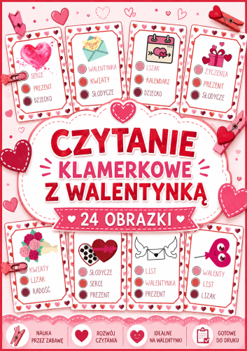 KARTY KLAMERKOWE  -  CZYTANIE WALENTYNKOWE 24 OBRAZKI