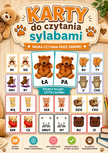 KARTY DO CZYTANIA SYLABAMI MISIE - 44 KARTY
