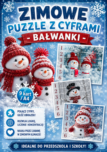  ZIMOWE PUZZLE Z CYFRAMI - BAŁWANKI 9 OBRAZKÓW