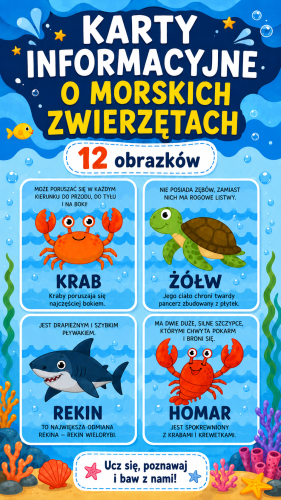 KARTY INFORMACYJNE O MORSKICH ZWIERZĘTACH - 12 OBRAZKÓW