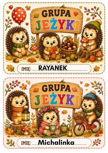 ZNACZKI/WIZYTÓWKI GRUPA JEŻYKI DO EDYCJI: MAŁYCH 52 SZTUK