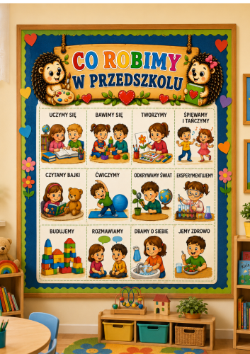 CO ROBIMY W PRZEDSZKOLU? PLAKAT NA GAZETKĘ LUB DRZWI XXL: A4, A3, 6,12 STRON