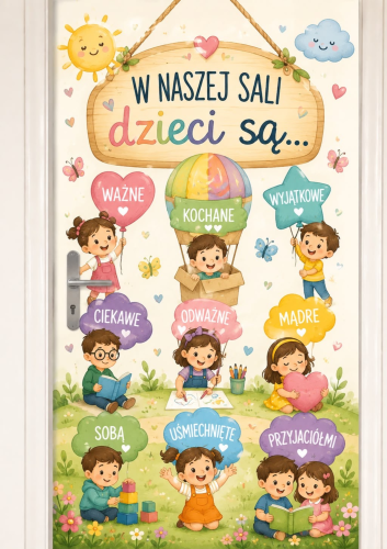 W NASZEJ SALI DZIECI SĄ DEKORACJJA NA GAZETKĘ LUB DRZWI W ZESTAWIE PLAKAT XXL 9,12 STRON + DZIECI 9 STRON 